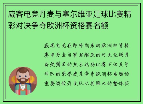威客电竞丹麦与塞尔维亚足球比赛精彩对决争夺欧洲杯资格赛名额