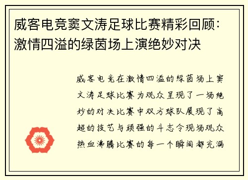 威客电竞窦文涛足球比赛精彩回顾：激情四溢的绿茵场上演绝妙对决