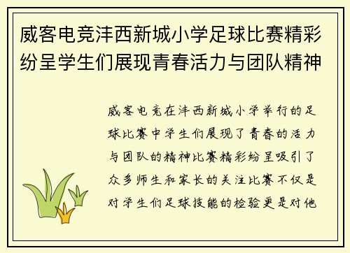 威客电竞沣西新城小学足球比赛精彩纷呈学生们展现青春活力与团队精神