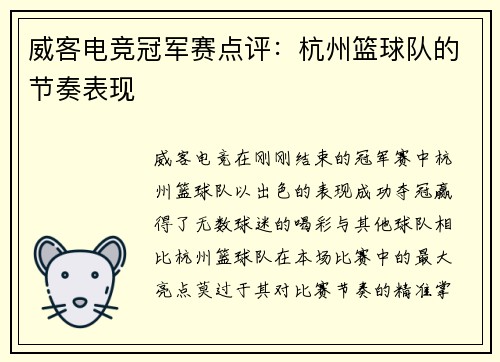 威客电竞冠军赛点评：杭州篮球队的节奏表现