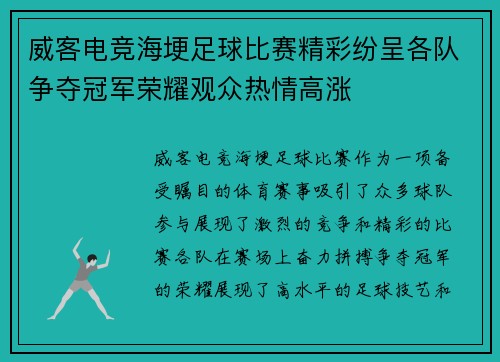威客电竞海埂足球比赛精彩纷呈各队争夺冠军荣耀观众热情高涨