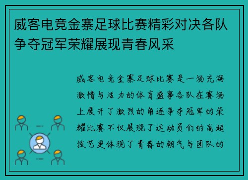 威客电竞金寨足球比赛精彩对决各队争夺冠军荣耀展现青春风采
