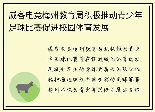 威客电竞梅州教育局积极推动青少年足球比赛促进校园体育发展