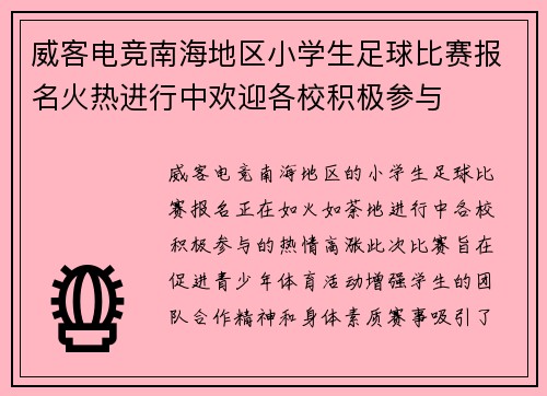 威客电竞南海地区小学生足球比赛报名火热进行中欢迎各校积极参与
