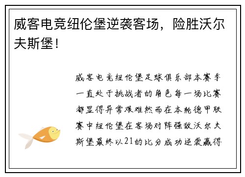 威客电竞纽伦堡逆袭客场，险胜沃尔夫斯堡！
