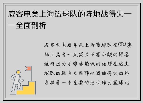 威客电竞上海篮球队的阵地战得失——全面剖析