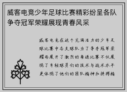 威客电竞少年足球比赛精彩纷呈各队争夺冠军荣耀展现青春风采