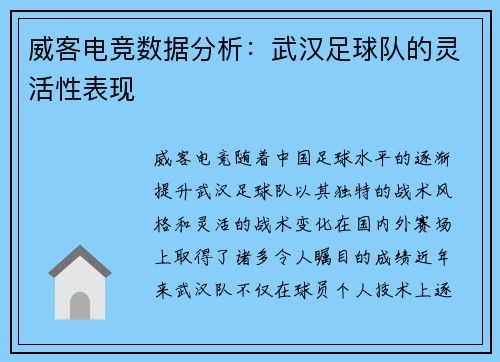威客电竞数据分析：武汉足球队的灵活性表现