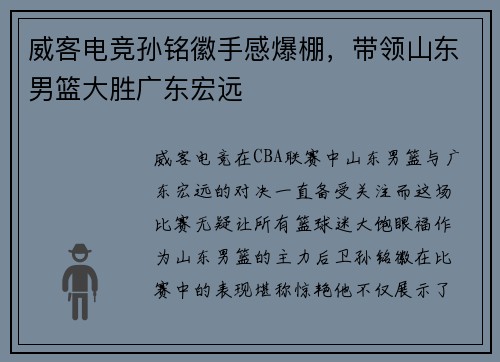 威客电竞孙铭徽手感爆棚，带领山东男篮大胜广东宏远