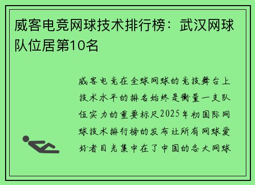 威客电竞网球技术排行榜：武汉网球队位居第10名