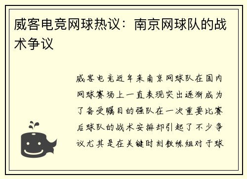 威客电竞网球热议：南京网球队的战术争议