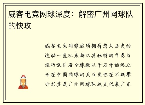 威客电竞网球深度：解密广州网球队的快攻