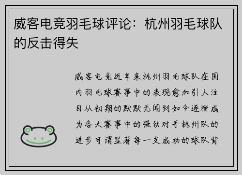 威客电竞羽毛球评论：杭州羽毛球队的反击得失