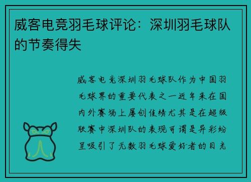 威客电竞羽毛球评论：深圳羽毛球队的节奏得失